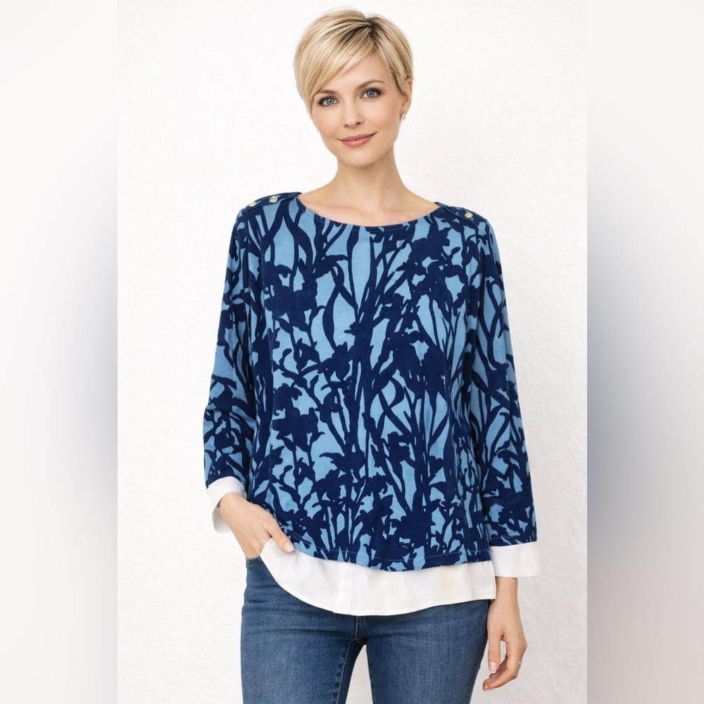 Rafaella Navy and Light Blue Floral Top Size 1X